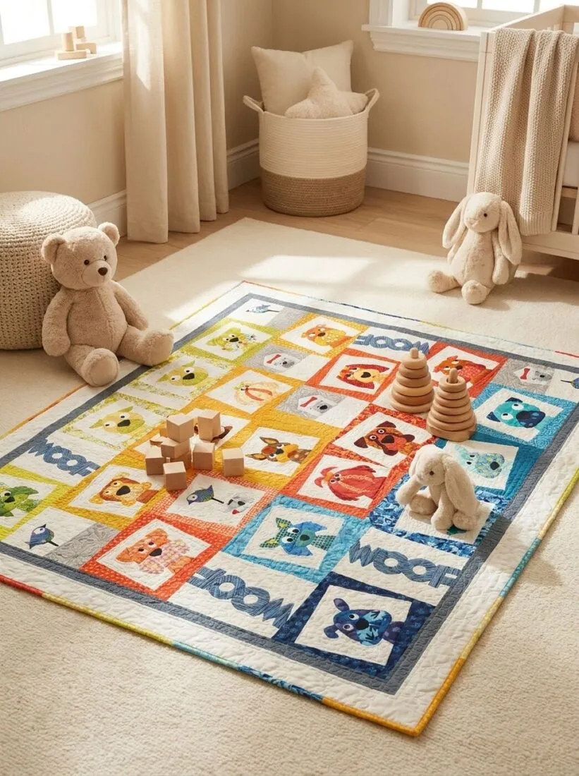 Baby quilt laid out in a nursery with toys