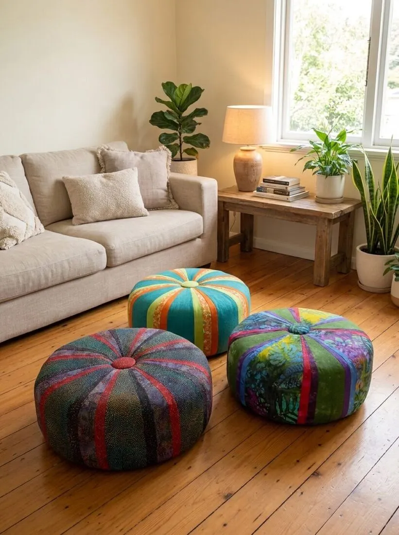 Three handmade patchwork tuffets in a living room